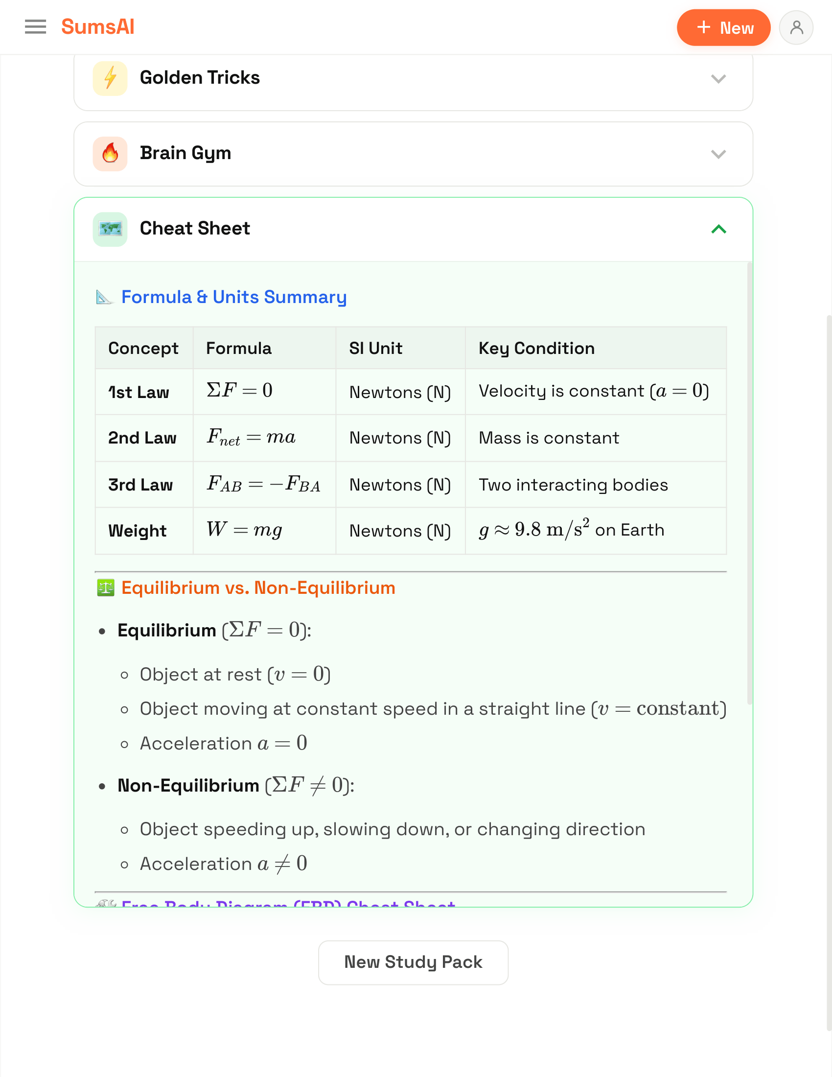 Cheat Sheet: dense, scannable tables of laws, formulas, SI units and key conditions for quick revision.