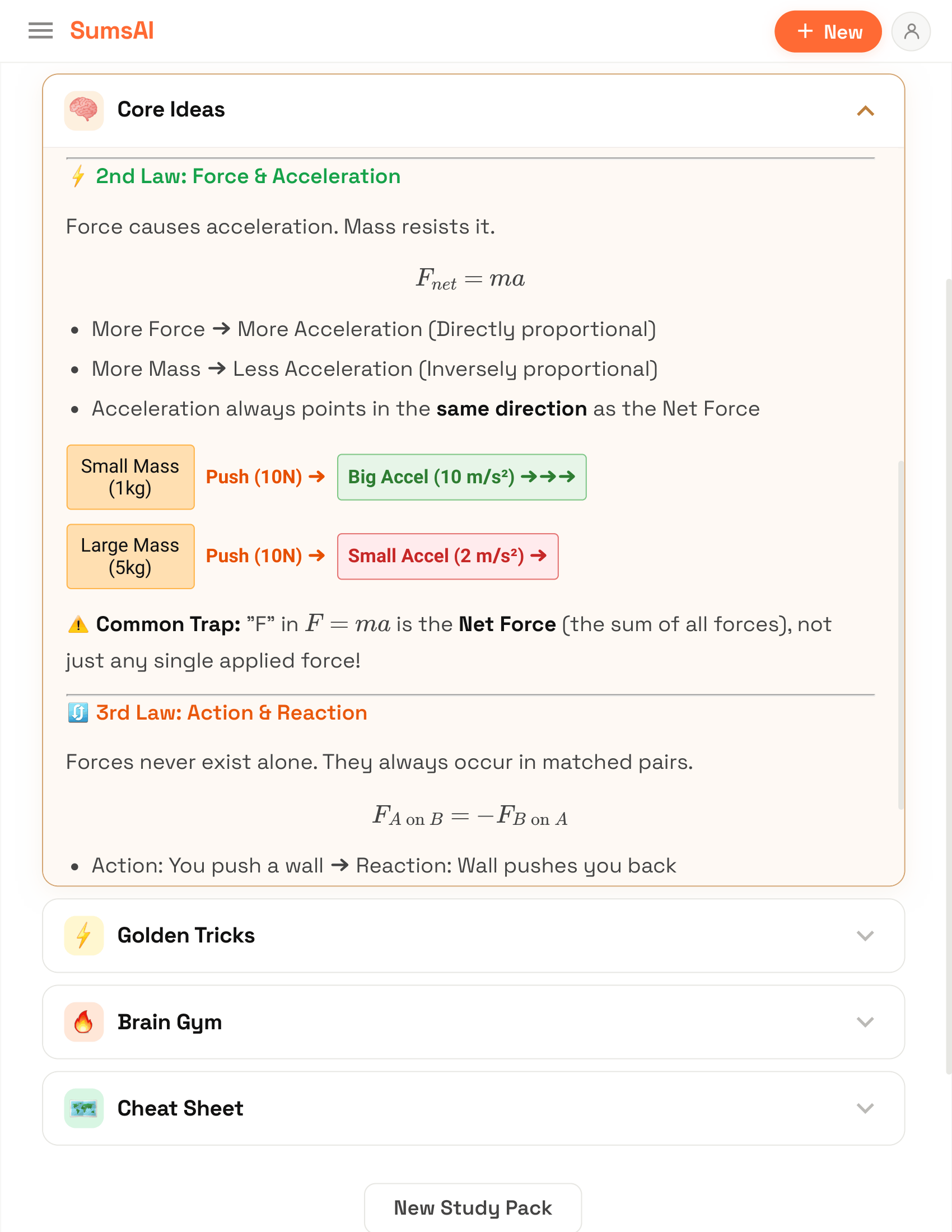 Core Ideas: clean white cards with main headings, simplified physics formulas, and color-coded bullet points.