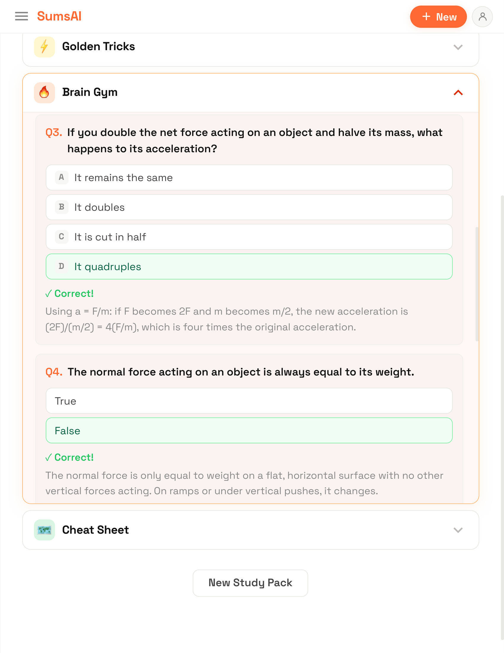 Brain Gym: multiple-choice and true/false exercises with the correct answer highlighted in green and an explanation.